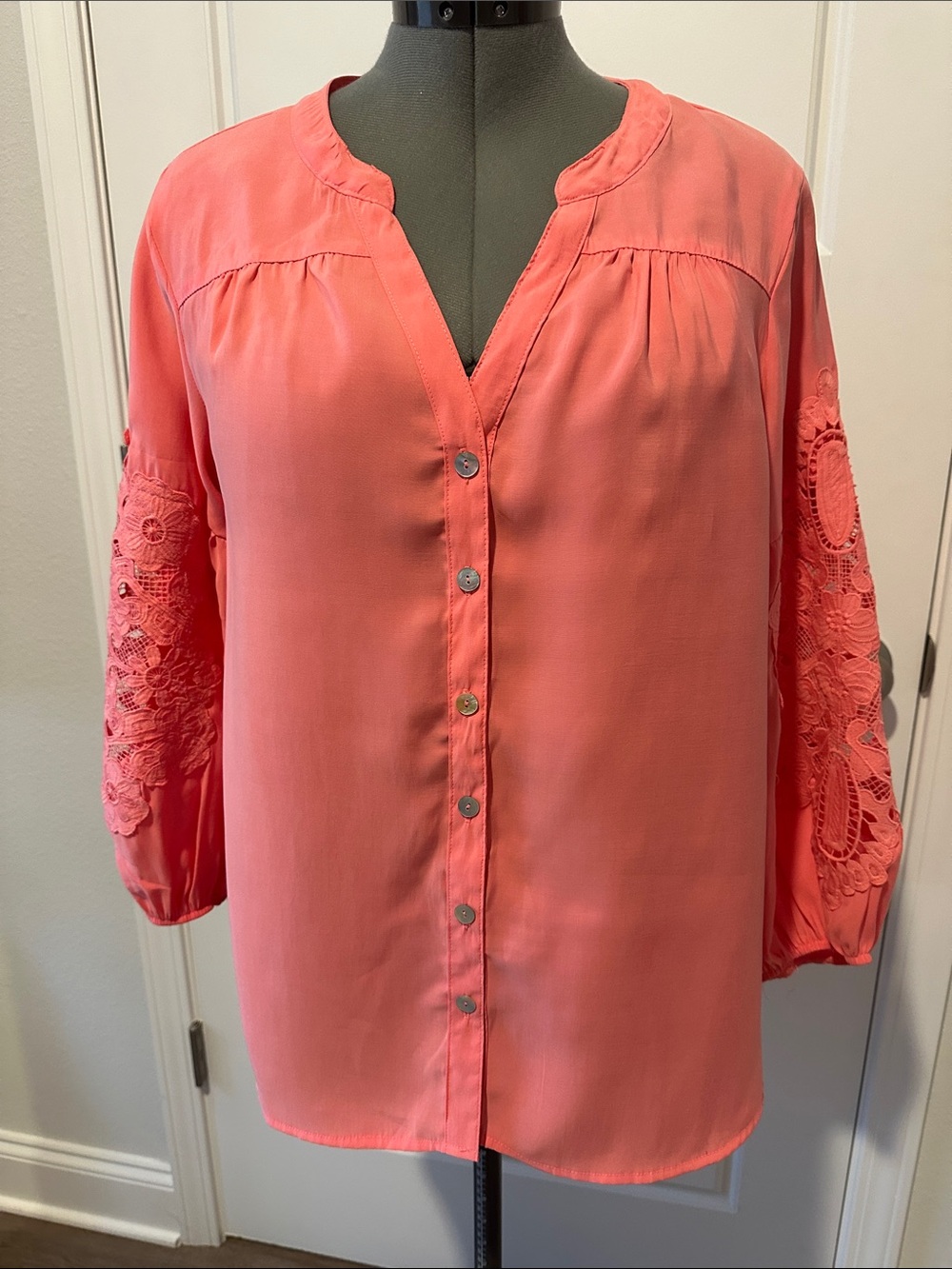 Button-Front Coral Blouse with Lace Sleeve Detail